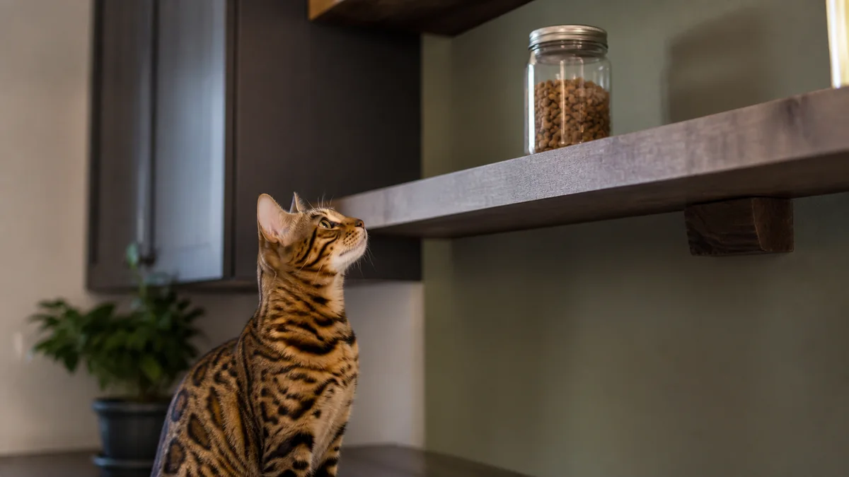 A Bengal cat stares up at a sealed glass treat jar on a shelf.