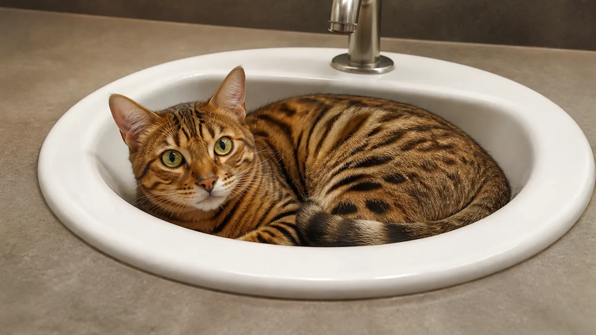 A spotted Bengal cat curls inside a clean, dry bathroom sink.