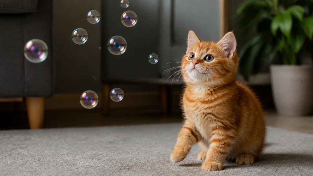 An orange kitten watches soap bubbles floating through a room.