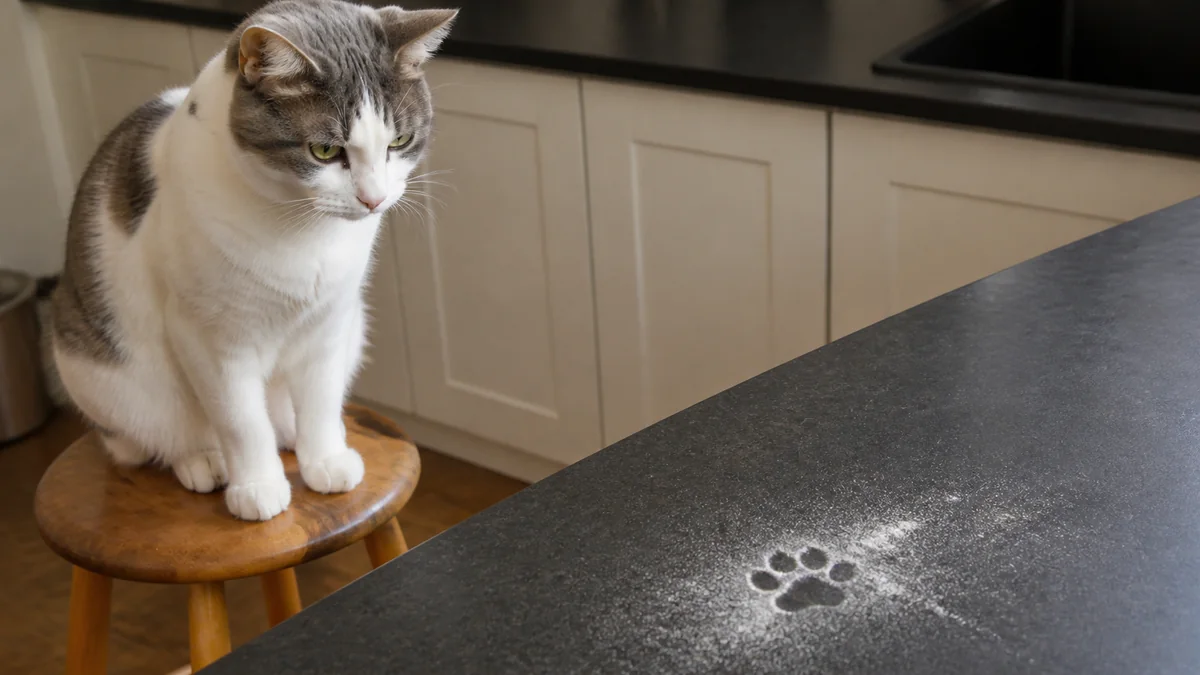 A white-and-gray cat sits beside flour with one visible paw print.