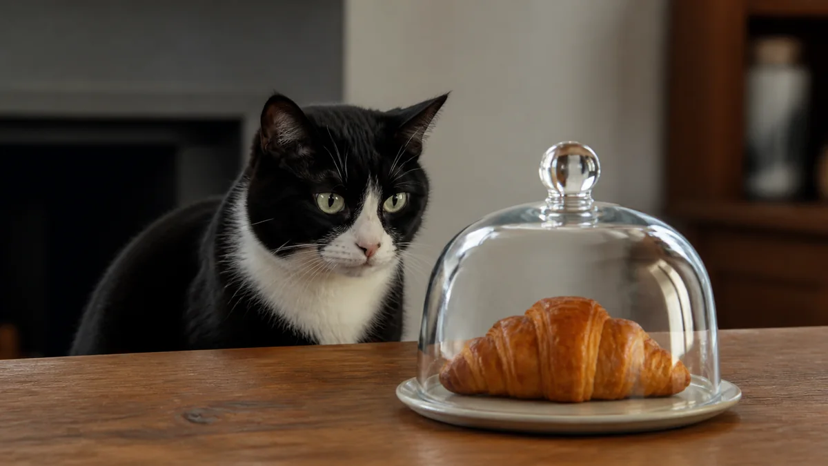 A tuxedo cat watches a croissant under a glass dome.