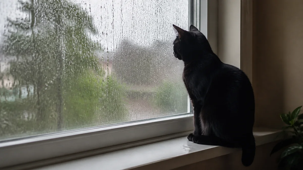 A black cat watches rain through a window from a dry windowsill.