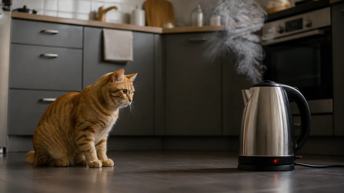 An orange cat watches a steaming kettle from a safe distance.