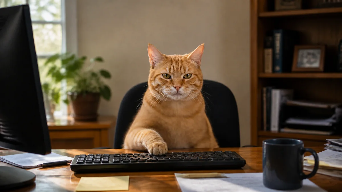 An orange tabby sits at a home-office keyboard and studies a monitor.