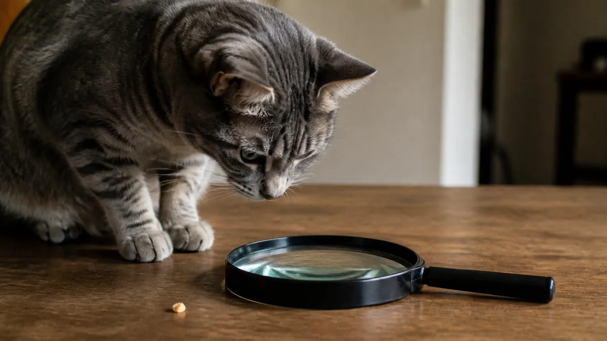 A gray tabby examines a magnifying glass and a tiny crumb.
