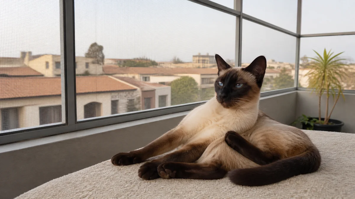 A Siamese cat relaxes on a fully enclosed screened balcony.