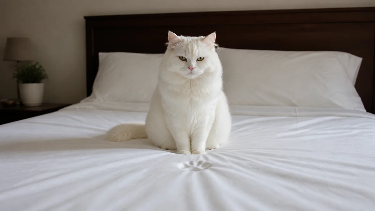 A fluffy white cat sits on a freshly made bed.