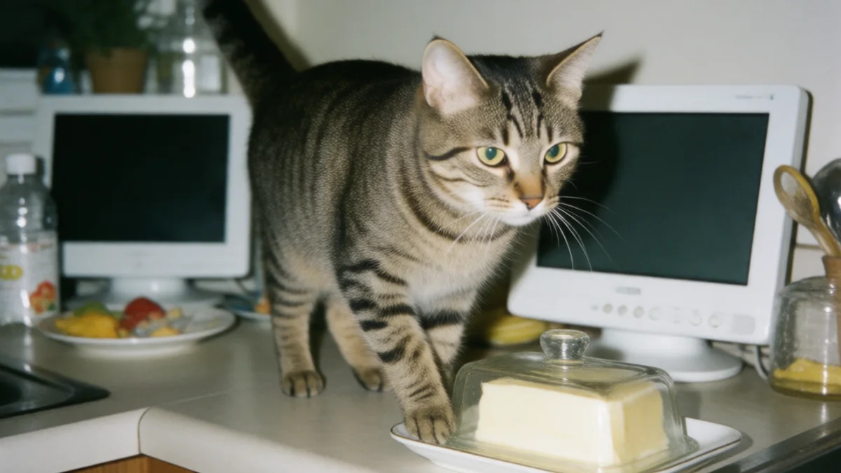 A wide-eyed tabby is caught with one paw beside a butter dish on a kitchen counter.