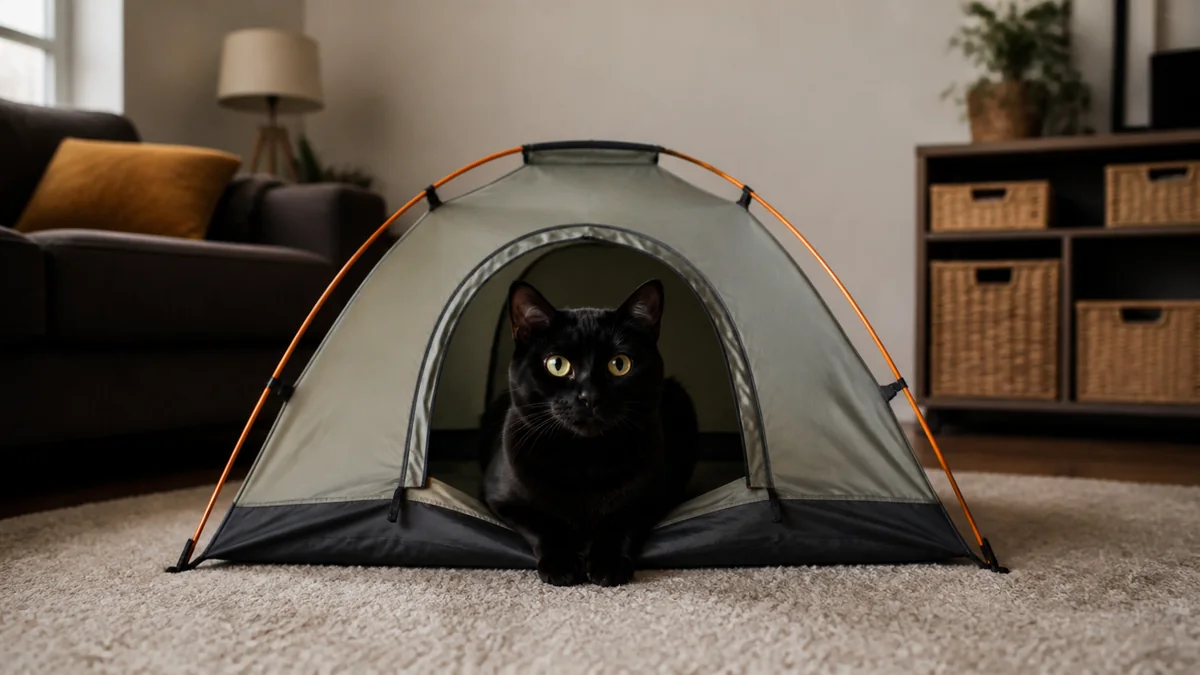 A black cat sits at a tiny indoor camping tent.