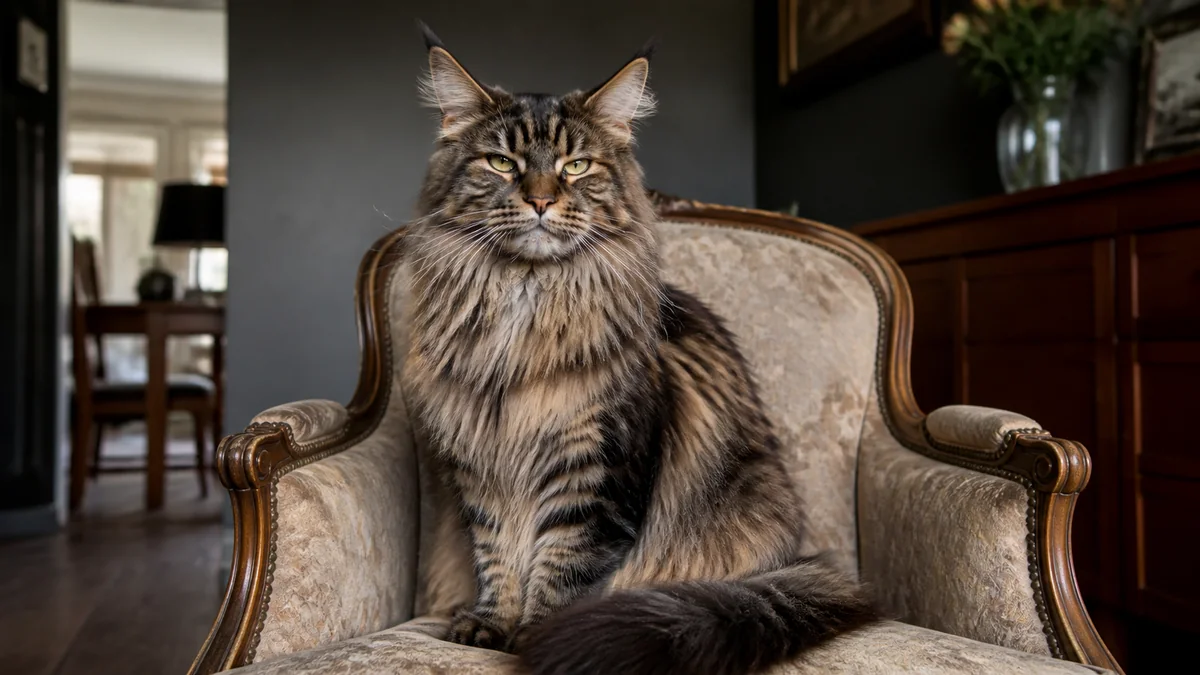 A Maine Coon sits regally on an armchair cushion.