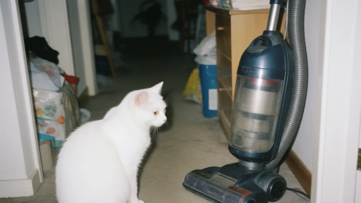 A white cat with flat ears faces an upright vacuum across a cluttered hallway.