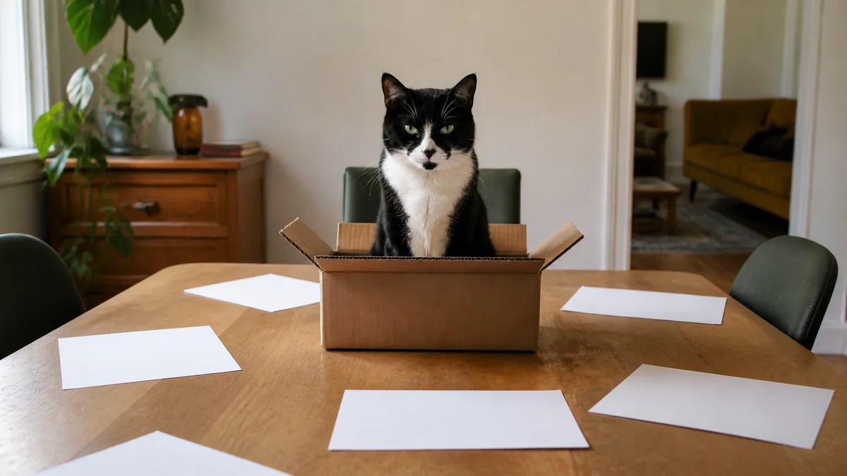 A tuxedo cat sits in a cardboard box placed on an office chair.