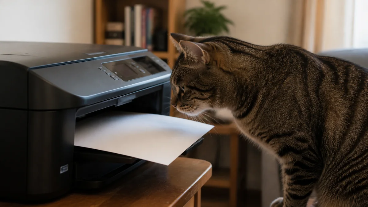 A brown tabby inspects a blank sheet emerging from a home printer.