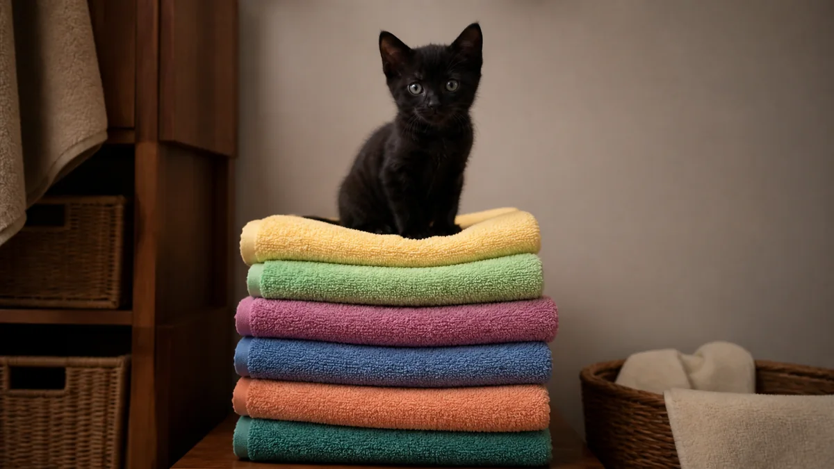 A black kitten sits atop a stable stack of folded towels.
