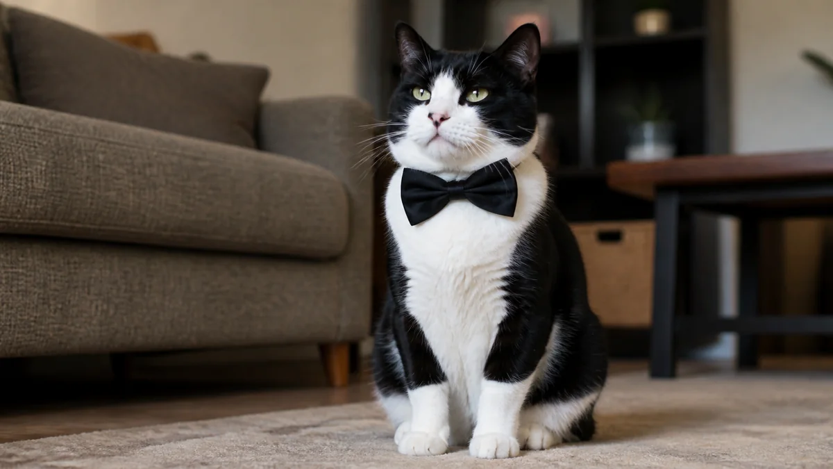 A black-and-white cat wears a plain bow tie while sitting indoors.