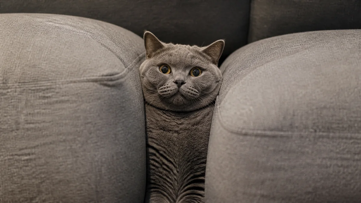 A round gray cat rests between two sofa cushions.