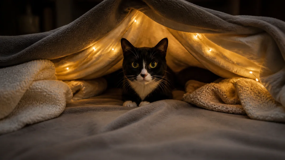 A tuxedo cat looks out from a cozy blanket fort.