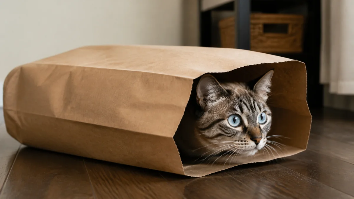 A Siamese-mix cat peeks from a safe handle-free paper grocery bag.