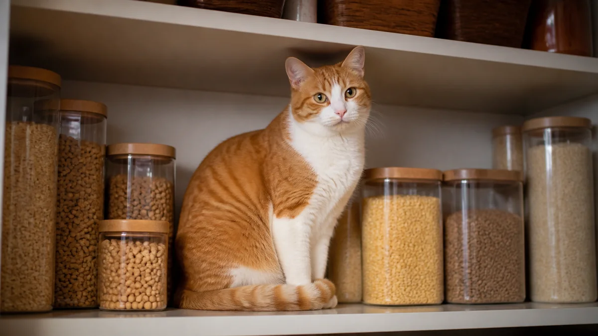 An orange-and-white cat audits a pantry of plain food jars.