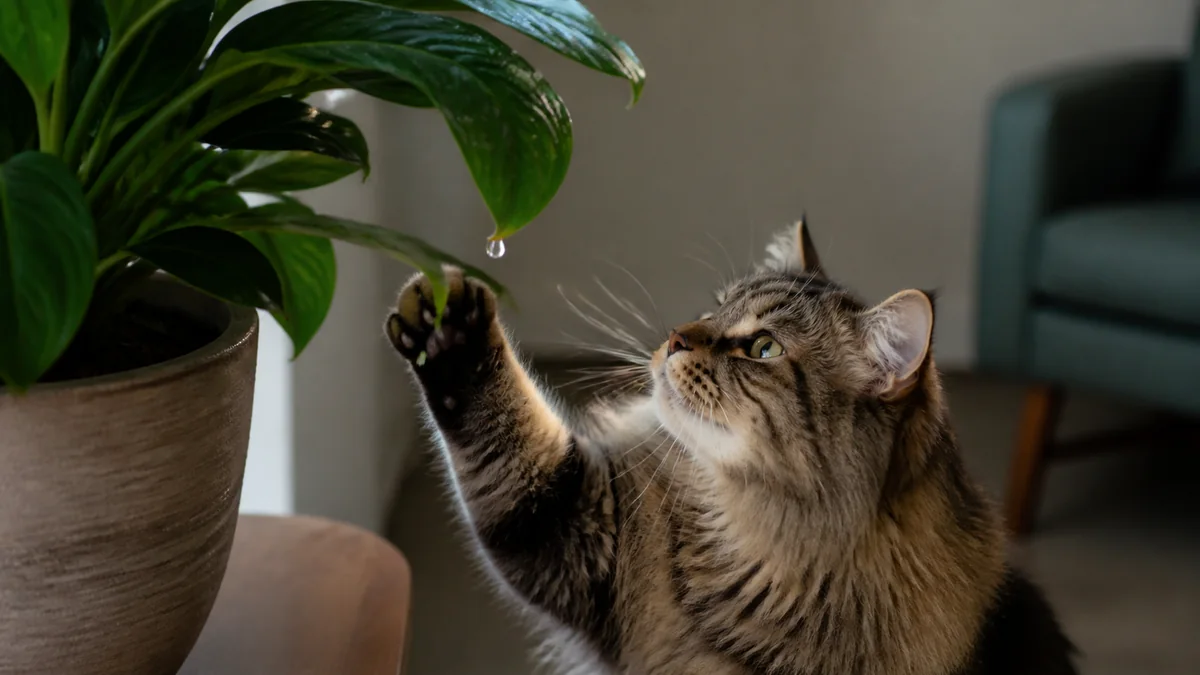 A long-haired tabby reaches toward a water drop on a houseplant leaf.