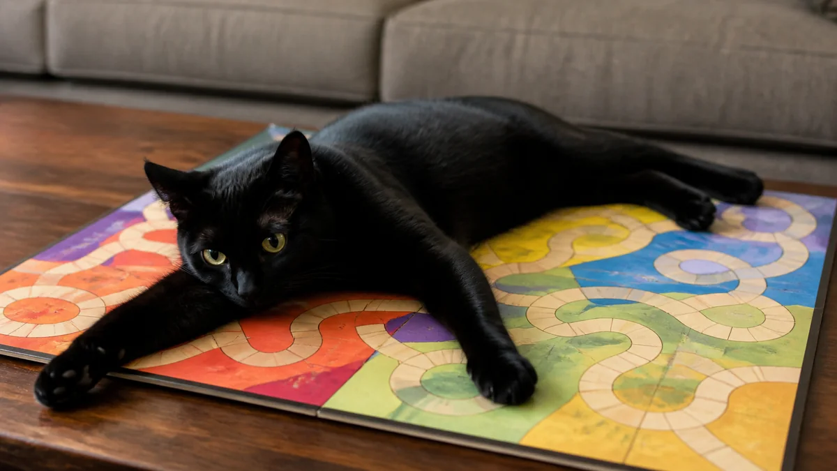 A black cat lies across an abstract board game.