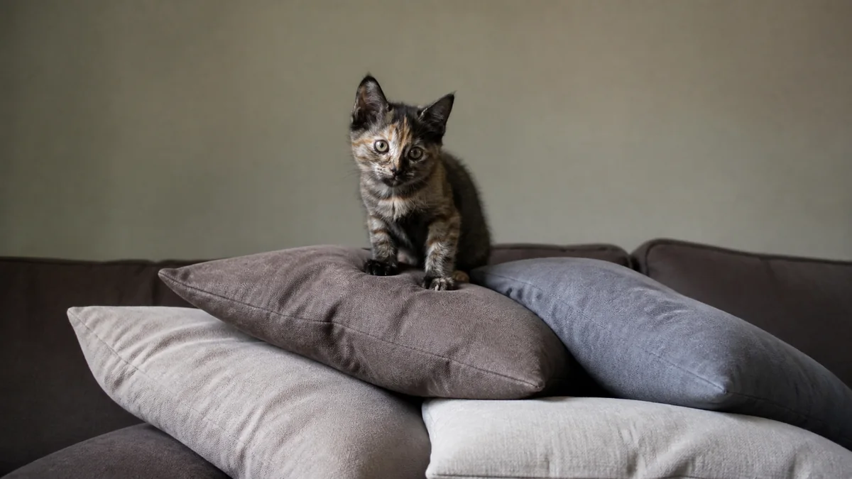 A tortoiseshell kitten sits atop a stable pile of pillows.