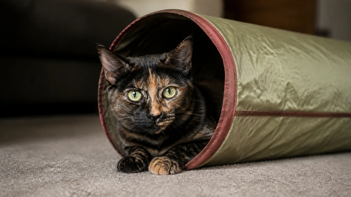 A tortoiseshell cat emerges halfway from a soft play tunnel.