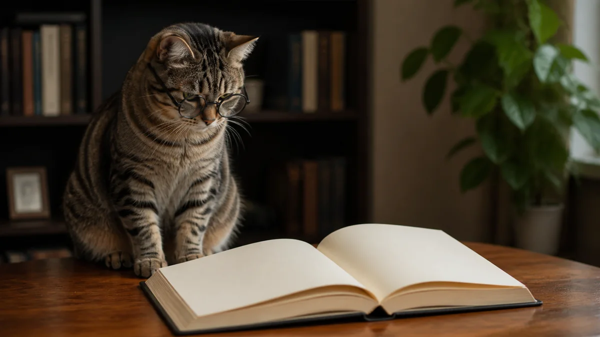 A tabby sits beside an open book with blank pages.