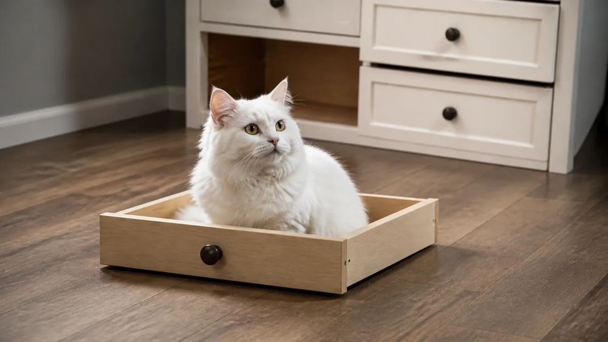 A fluffy white cat sits in a shallow drawer placed on the floor.