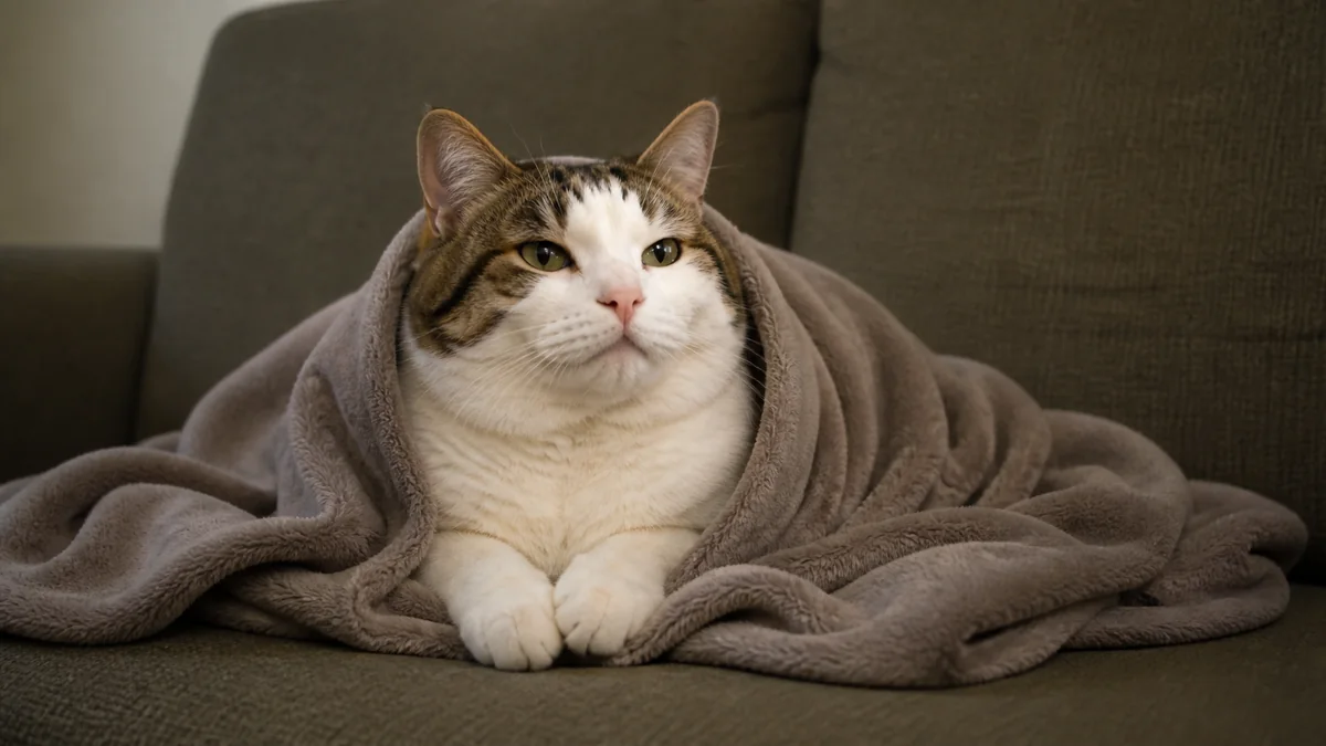A white-and-tabby cat rests loosely wrapped in a blanket on a sofa.