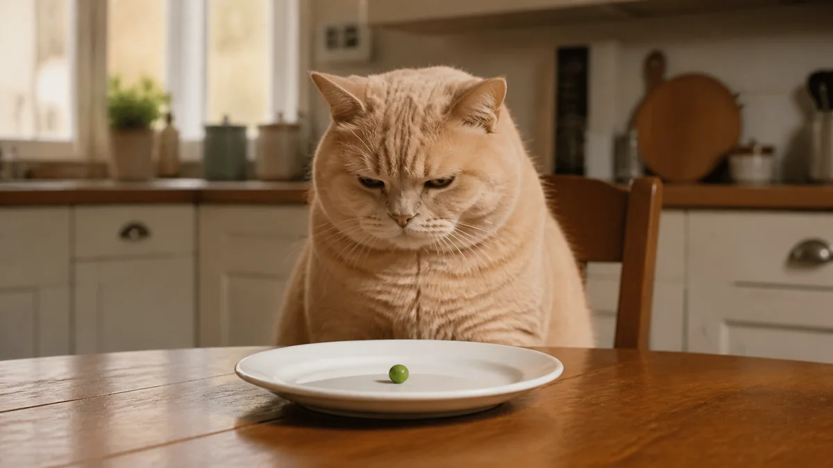 A cream-colored cat stares suspiciously at a single pea on a plate.
