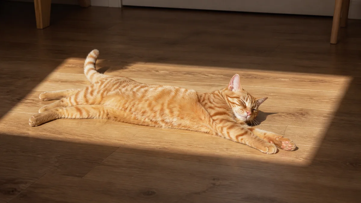 A ginger tabby stretches in a rectangle of afternoon sunlight.