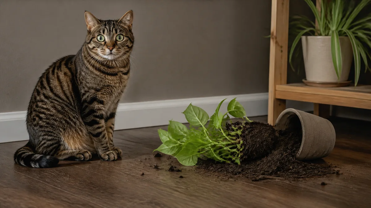 A wide-eyed tabby sits beside a toppled plant pot and spilled soil.