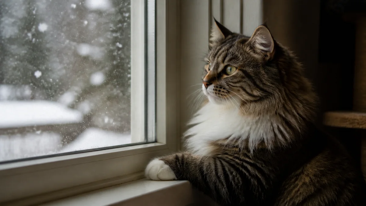 A fluffy forest cat watches snow fall outside a window.