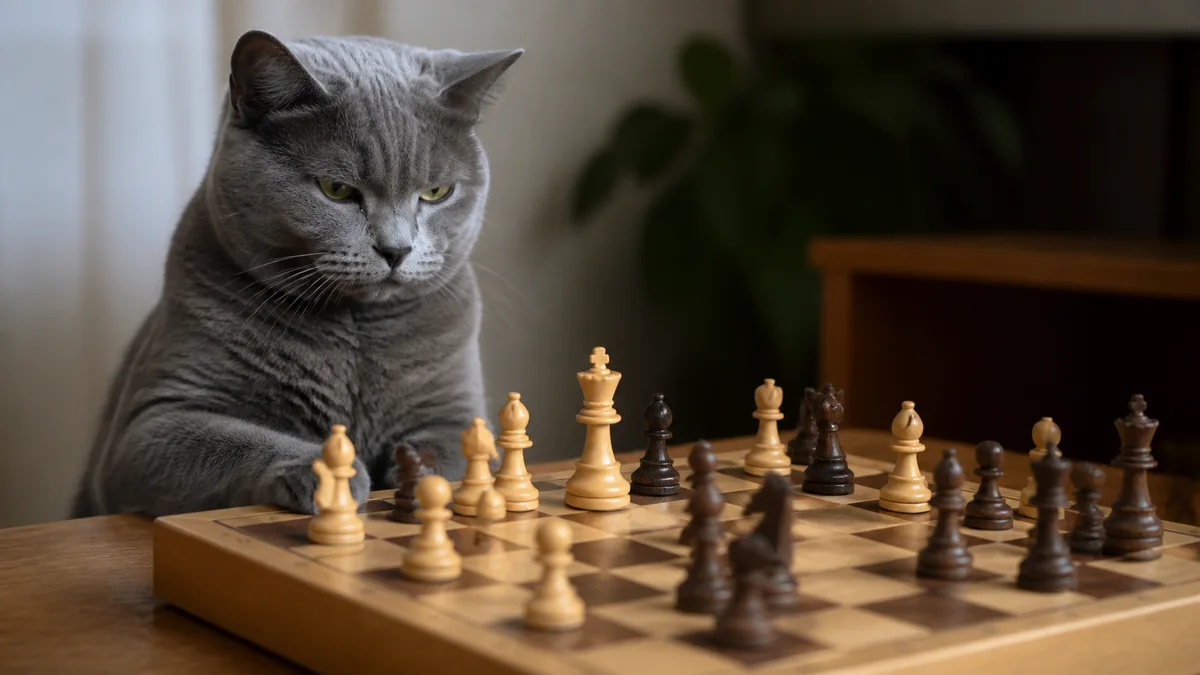 A dignified gray cat studies a wooden chessboard.