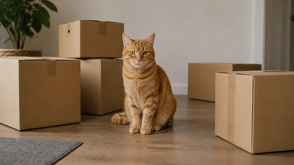 An orange cat sits among plain sealed moving boxes.