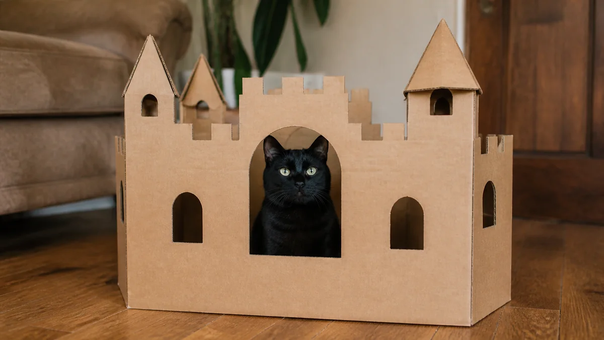 A black cat sits inside a plain handmade cardboard castle.