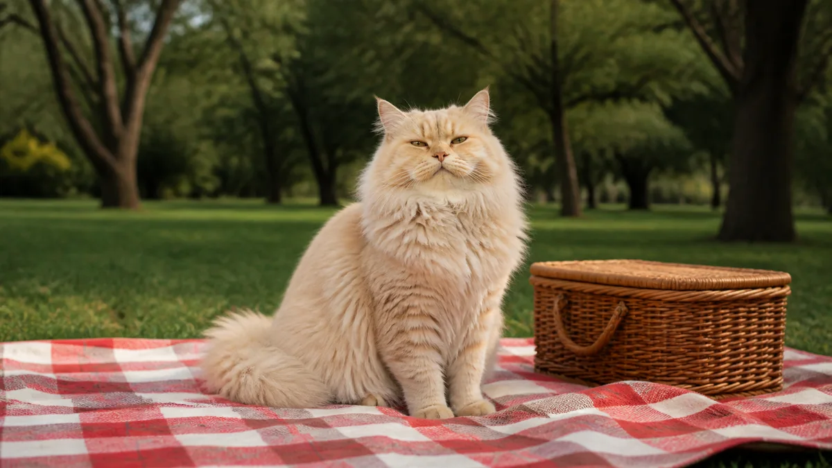 A fluffy cream cat sits in the middle of a picnic blanket.