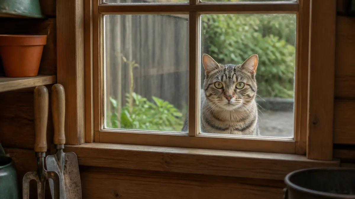 A striped cat looks through a garden-shed window.