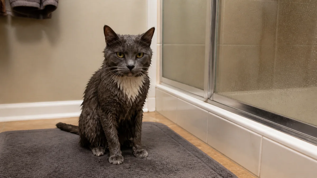 A gray cat sits indignantly on a bath mat outside a shower.