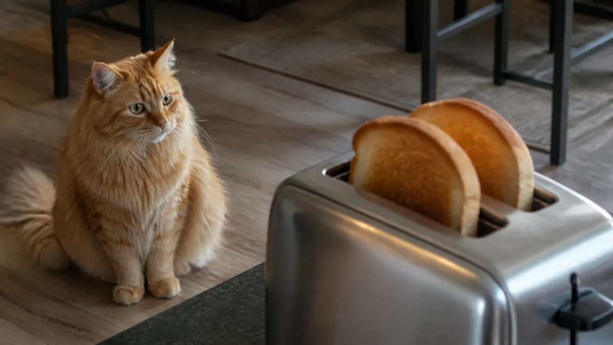 A fluffy ginger cat watches toast pop from a toaster at a safe distance.