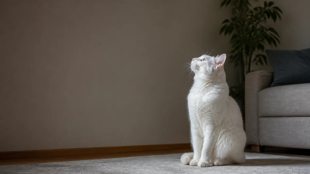 A white cat stares intently at an empty ceiling corner.