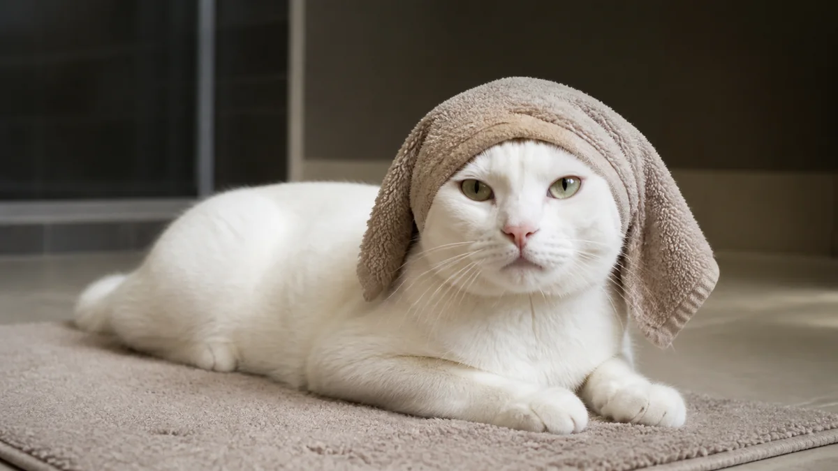 A relaxed white cat sits on a bath mat with a towel loosely over its head.