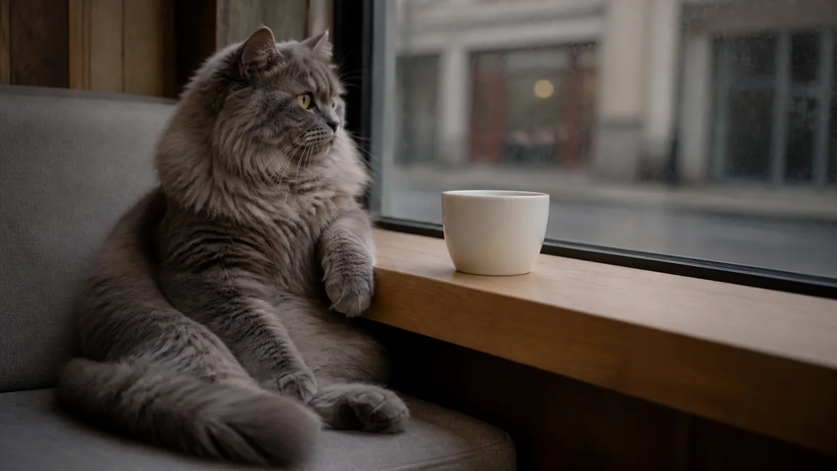 A fluffy gray cat sits on an indoor cafe window bench.
