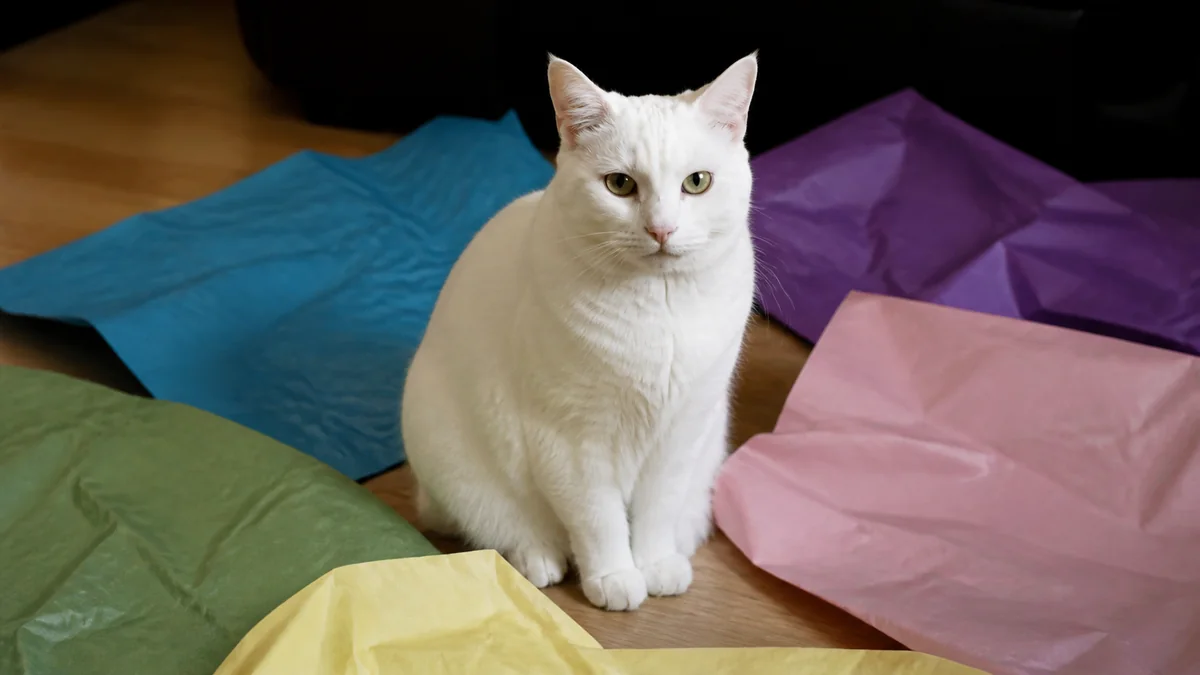 A white cat sits among loose sheets of colorful wrapping paper.