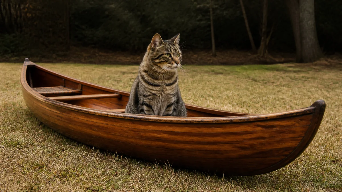 A tabby sits inside a wooden canoe resting safely on dry grass.