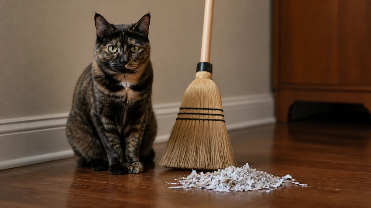 A tortoiseshell cat sits beside a broom and swept paper scraps.