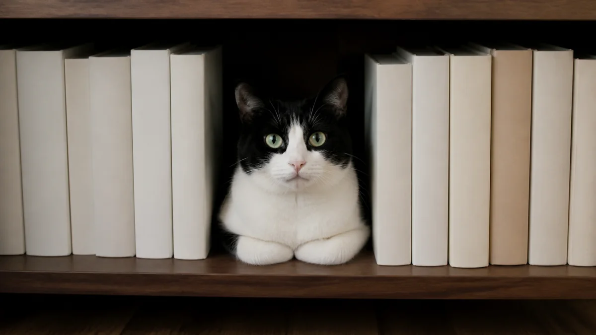 A black-and-white cat sits between books on a low shelf.