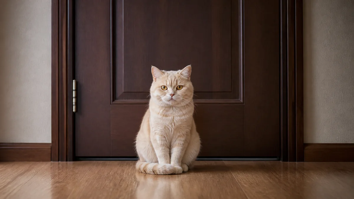 A cream-colored cat waits solemnly in front of a closed door.