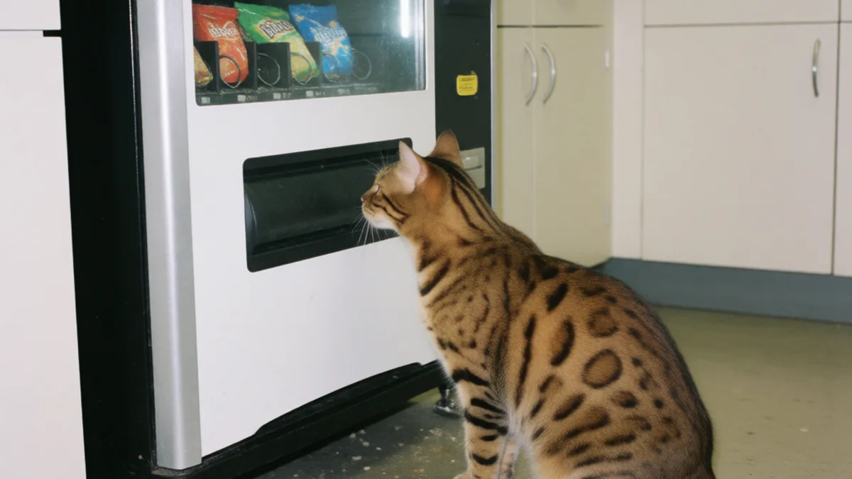 A spotted Bengal cat faces a snack machine with a blank display while a blank form lies on the floor amid kitchenette clutter and crumbs.